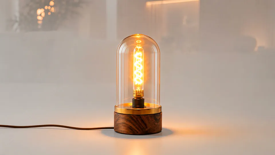 Dome — lámpara de mesa en vidrio y Douglas, revelación guiada por scroll